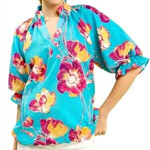 NEW STYLE USA mix floral puff sleeve top in aqua